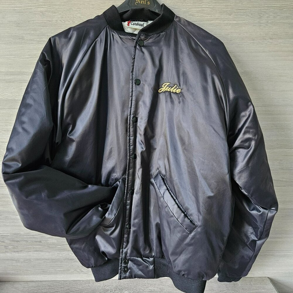 Vintage 90s Black Satin Bomber Jacket Moto Goldwing Graphic NAME Cardinal XL - Picture 5 of 13